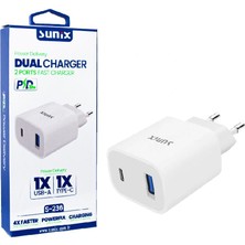 Sunix S236 Çift Çıkışlı Usb-S ve Type-C Sadece Başlık PD20W Ev Şarj Aleti