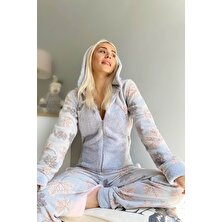 Pijama Evi Mavi Yaprak Desenli Polar Peluş Tulum Kadın Pijama