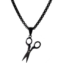 Osmanlı Gümüş  Berber Makas Erkek Çelik Kolye Zincir Siyah Model