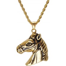 Osmanlı Gümüş At Kafası Çelik Erkek Kolye Zincir Altın Rengi