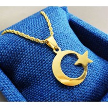 Osmanlı Gümüş Altın Rengi Ayyıldız Bayrak Erkek Çelik Kolye Zincir