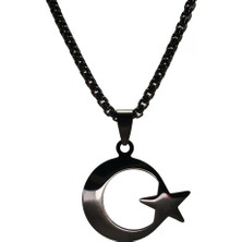 Osmanlı Gümüş  Siyah Ayyıldız Bayrak Çelik Erkek Kolye Zincir