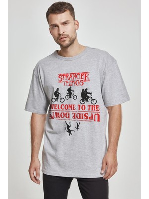 Rock&Roll Bisikletli Stranger Things Oversize Gri Kısa Kollu Erkek T-Shirt