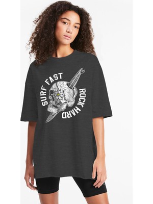 Rock&Roll Sörf Kurukafa Oversize Antrasit Kısa Kollu Kadın T-Shirt