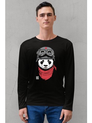 Rock&Roll Bandanalı Panda Bisiklet Yaka Siyah Uzun Kollu Penye Erkek T-Shirt