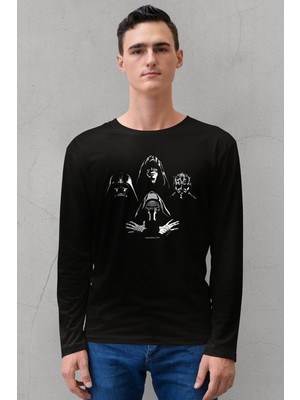 Rock&Roll Dört Kafa Yıldız Savaşları Bisiklet Yaka Siyah Uzun Kollu Penye Erkek T-Shirt
