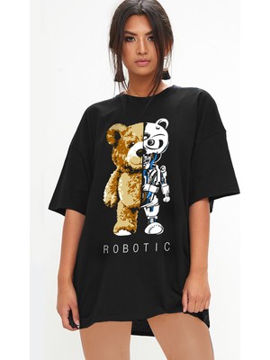 Rock&Roll Robot Ayı Oversize Siyah Kısa Kollu Kadın T-Shirt