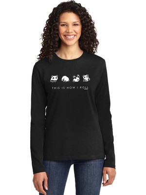 Rock&Roll Panda Taklası Bisiklet Yaka Siyah Uzun Kollu Penye Kadın T-Shirt