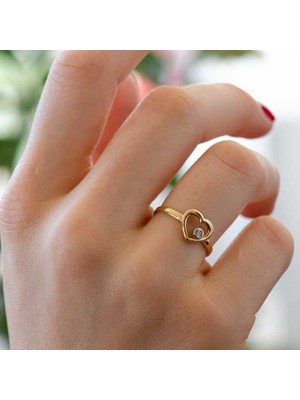 Engingold 14 Ayar Altın Taşlı Kalpli Yüzük