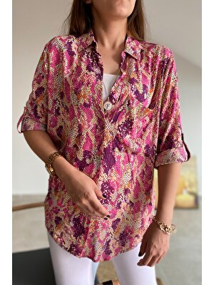 Furkan Exclusive Kadın Renkli Yılan Desenli Tek Cepli Dökümlü Pamuk Gömlek