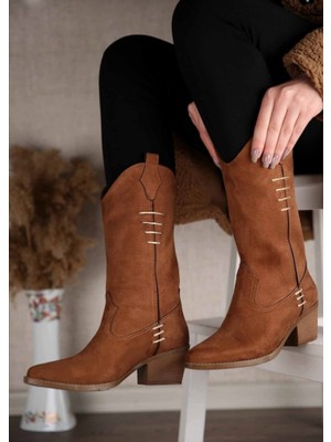 White Line Süet Taba Sivri Burun Kadın Kovboy Bot