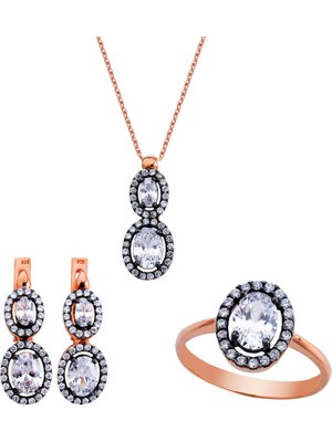 Harem Altın Rose Oval Taşlı Anturaj Gümüş Set  GMS141