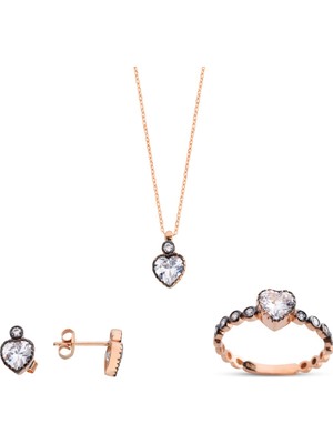 Harem Altın Kalpli Tektaş Rose Gümüş Set  GMS142