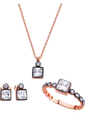 Harem Altın Kare Taşlı Elmas Montür Gümüş Set  GMS143