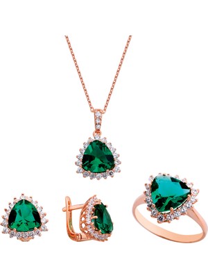 Harem Altın Üçgen Zümrüt Rengi Taşlı Anturaj Gümüş Set  GMS163