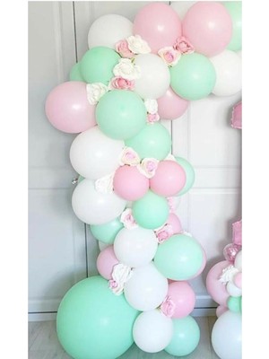 Bal10 Dünyası Pastel Balon Zinciri Mint Yeşili Pembe Beyaz 100 Adet