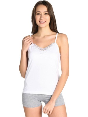 Tutku Kadın 6'lı Paket Ribana(Esnek) Ip Askı Güpürlü Atlet (Beyaz)