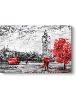 Tabloshop Kırmızı Ağaç ve Saat Kulesi Tablosu