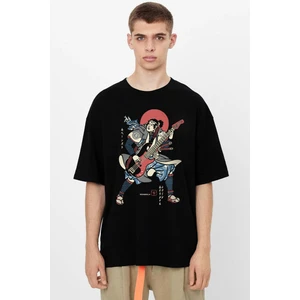 Japon Basçı Oversize Siyah Kısa Kollu Erkek T-Shirt