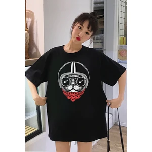 Kasklı Kedi Oversize Siyah Kısa Kollu Kadın T-Shirt