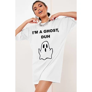 Sevimli Hayalet Oversize Beyaz Kısa Kollu Kadın T-Shirt