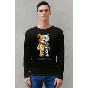 Robot Ayı Bisiklet Yaka Siyah Uzun Kollu Penye Erkek T-Shirt