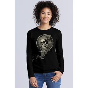 Sakallı Kurukafa Bisiklet Yaka Siyah Uzun Kollu Penye Kadın T-Shirt