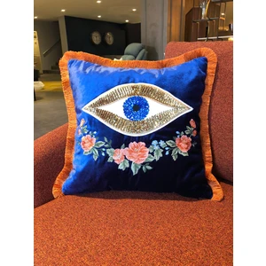 Ge Living Göz Işlemeli Çiçek Nakışlı Lacivert Kadife Yastık Kılıfı