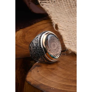 Osmanlı Gümüş Kehribar Taşlı Inşirah Suresi Yazılı Erkek Gümüş Yüzük