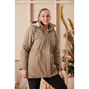 Bel Bağcık Detaylı Kapşonlu Büyük Beden Vizon Kaban