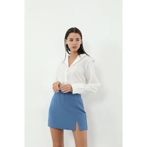 Ön Yırtmaçlı Mini Etek-Indigo
