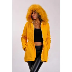 Keyifli Moda Kadın Hardal Kapüşonu Kürklü Içi Kürklü Gabardin Mont