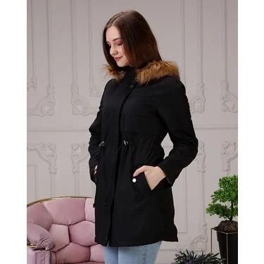 Vibeys Collection Siyah Içi Kürkü ve Su Geçirmez Bayan Kışlık