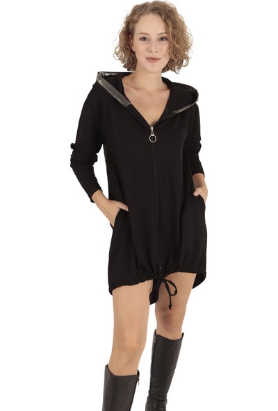Buketli Siyah Sırtı Payetli Kapüşonlu Mini Sweat Elbise
