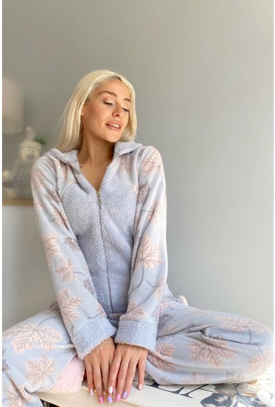 Pijama Evi Mavi Yaprak Desenli Polar Peluş Tulum Kadın Pijama