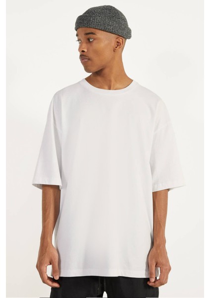 Düz, Baskısız Oversize Beyaz Kısa Kollu Erkek T-Shirt