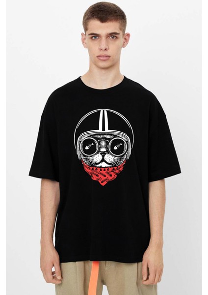 Kasklı Kedi Oversize Siyah Kısa Kollu Erkek T-Shirt