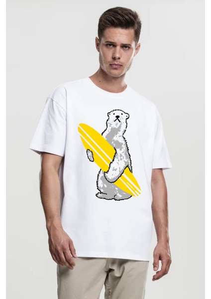 Kutup Sörfü Oversize Beyaz Kısa Kollu Erkek T-Shirt