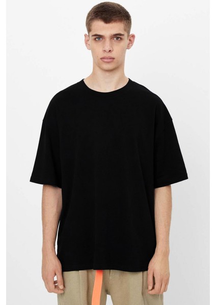 Düz, Baskısız Oversize Siyah Kısa Kollu Erkek T-Shirt