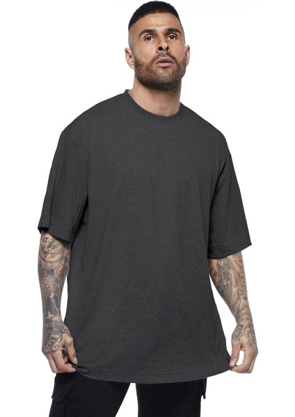 Düz, Baskısız Oversize Antrasit Kısa Kollu Erkek T-Shirt
