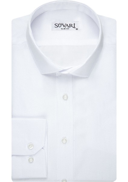 Slim Fit Armür Desenli Beyaz Erkek Gömlek