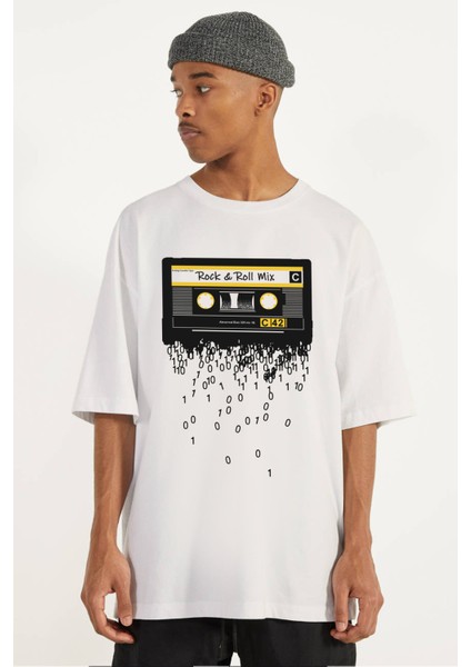 Kaset Teyp Oversize Beyaz Kısa Kollu Erkek T-Shirt