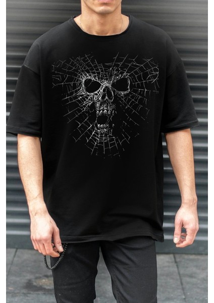 Örümcek Kurukafa Oversize Siyah Kısa Kollu Erkek T-Shirt