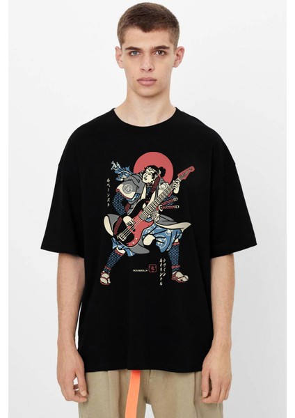 Japon Basçı Oversize Siyah Kısa Kollu Erkek T-Shirt