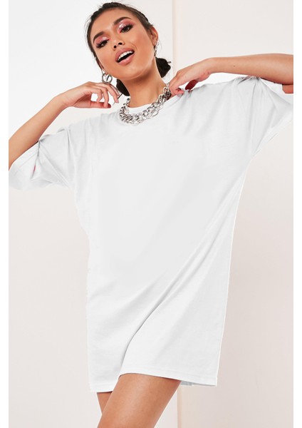 Düz, Baskısız Oversize Beyaz Kısa Kollu Kadın T-Shirt
