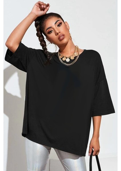 Düz, Baskısız Oversize Siyah Kısa Kollu Kadın T-Shirt
