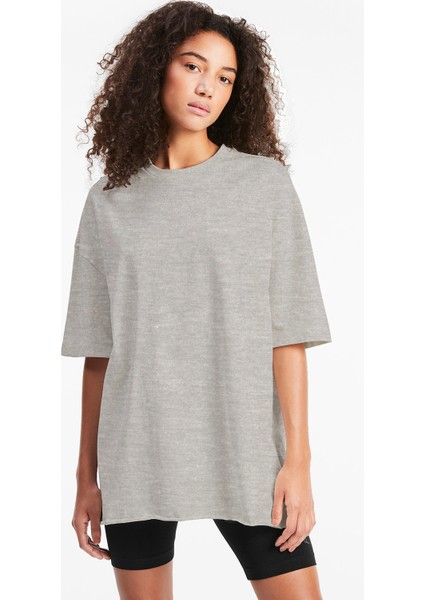Düz, Baskısız Oversize Gri Kısa Kollu Kadın T-Shirt