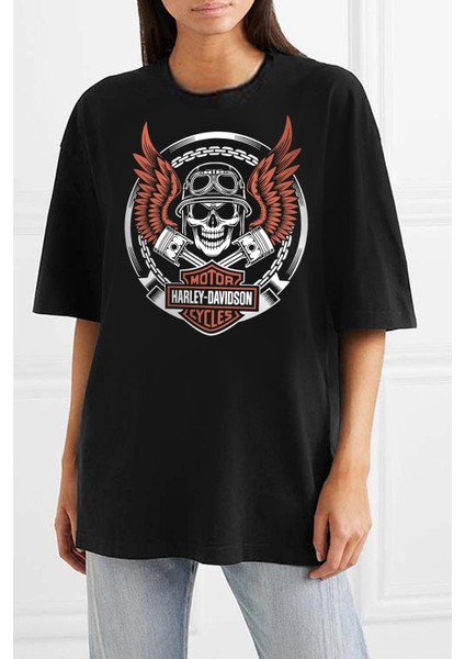 Motorcu Kurukafa Oversize Siyah Kısa Kollu Kadın T-Shirt