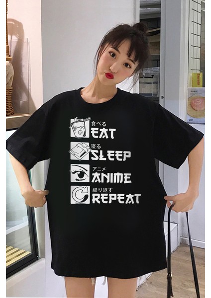 Hep Anime Oversize Siyah Kısa Kollu Kadın T-Shirt