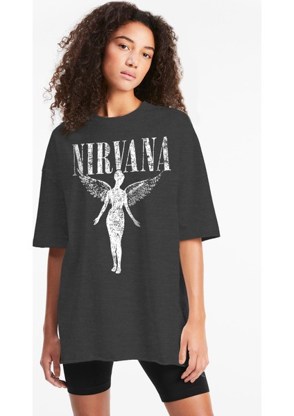Melek Nirvana Oversize Antrasit Kısa Kollu Kadın T-Shirt